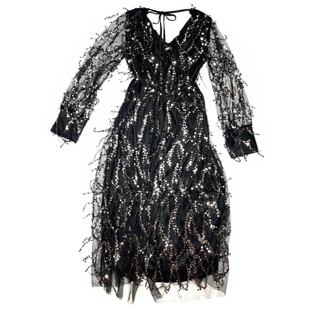 Sheer Black & Silver Mesh Dripping Sequins Long Sleeve Elegant Party Prom Dress - Picture 4 of 6